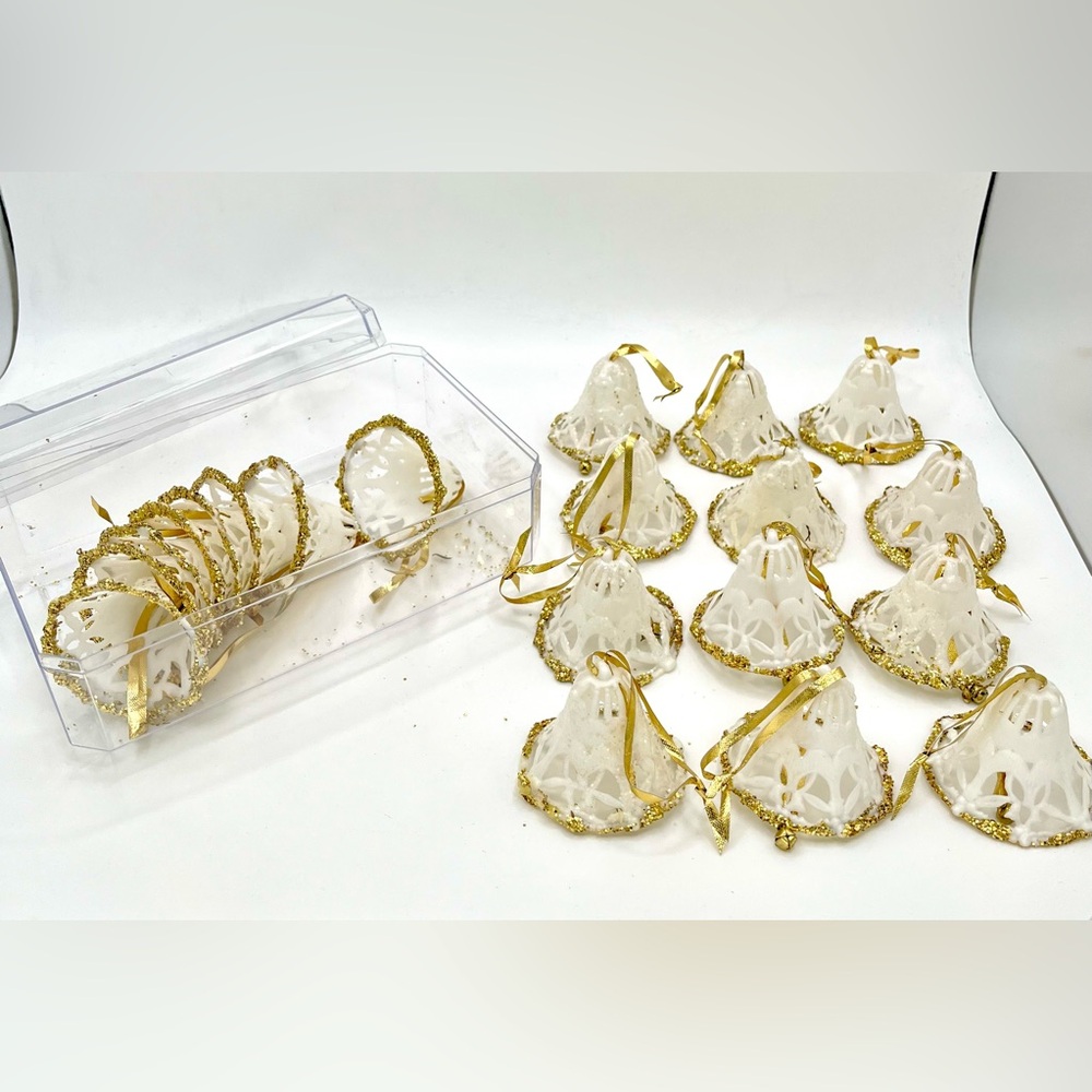 Vintage White & Gold Glitter Plastic Christmas Bell Ornaments Set of 20 W/ Case